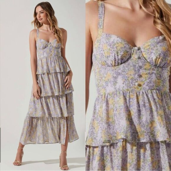 New ASTR Lavender Midsummer Midi Dress Ruffle Floral - Picture 1 of 10
